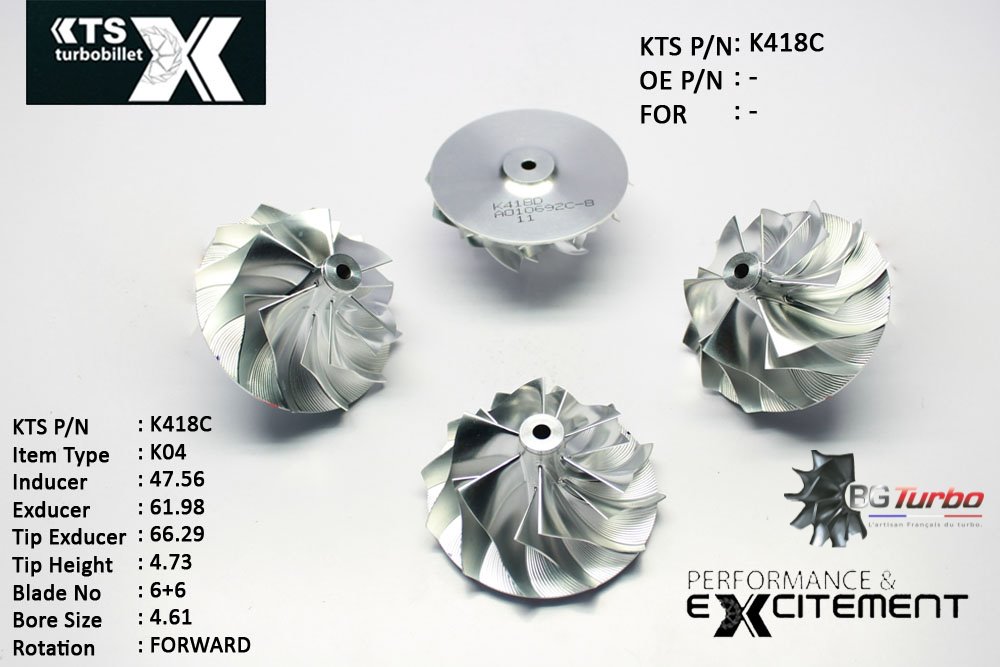 Turbo ROUE FORGÉE MFS PERFORMANCE - 6+6 PALES - INDUCER : 47,56 - EXDUCER : 61,98 - TYPE : K04ANGLE : 50° - ROTATION : Forward - SUPER BACK : 2,67 - BORE SIZE : 4,61
